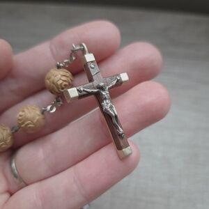 French Lourdes rosary carved wooden bead & Miraculous Medal